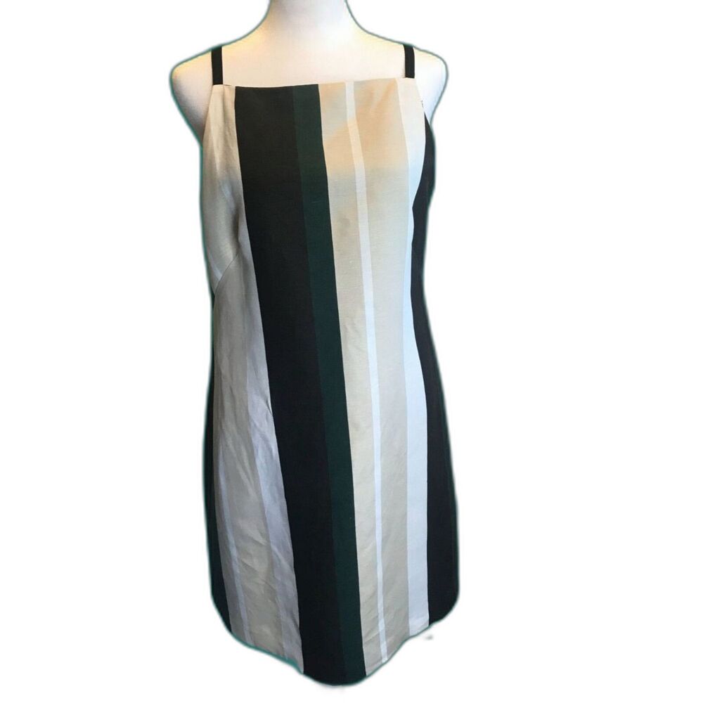 AnnTaylor Sheath Dress Wms Sz 6 Cream/Blk/tan Vertical Stripes Sleeveless ,Lined